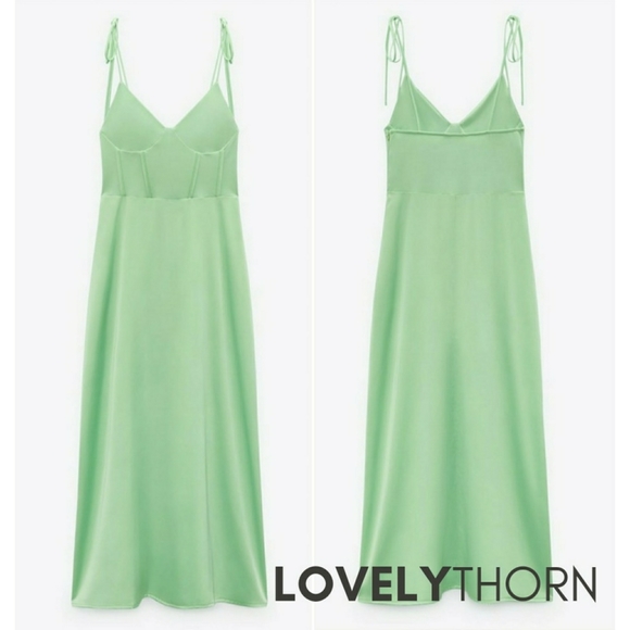 ZARA // key lime long satin bustier maxi dress - Picture 3 of 16